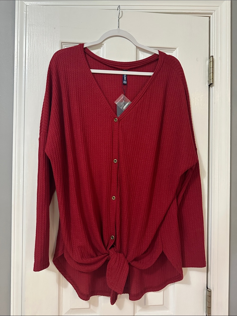 Waffle Knit Tie-Front Button Sweater - Red- 2XL NWT